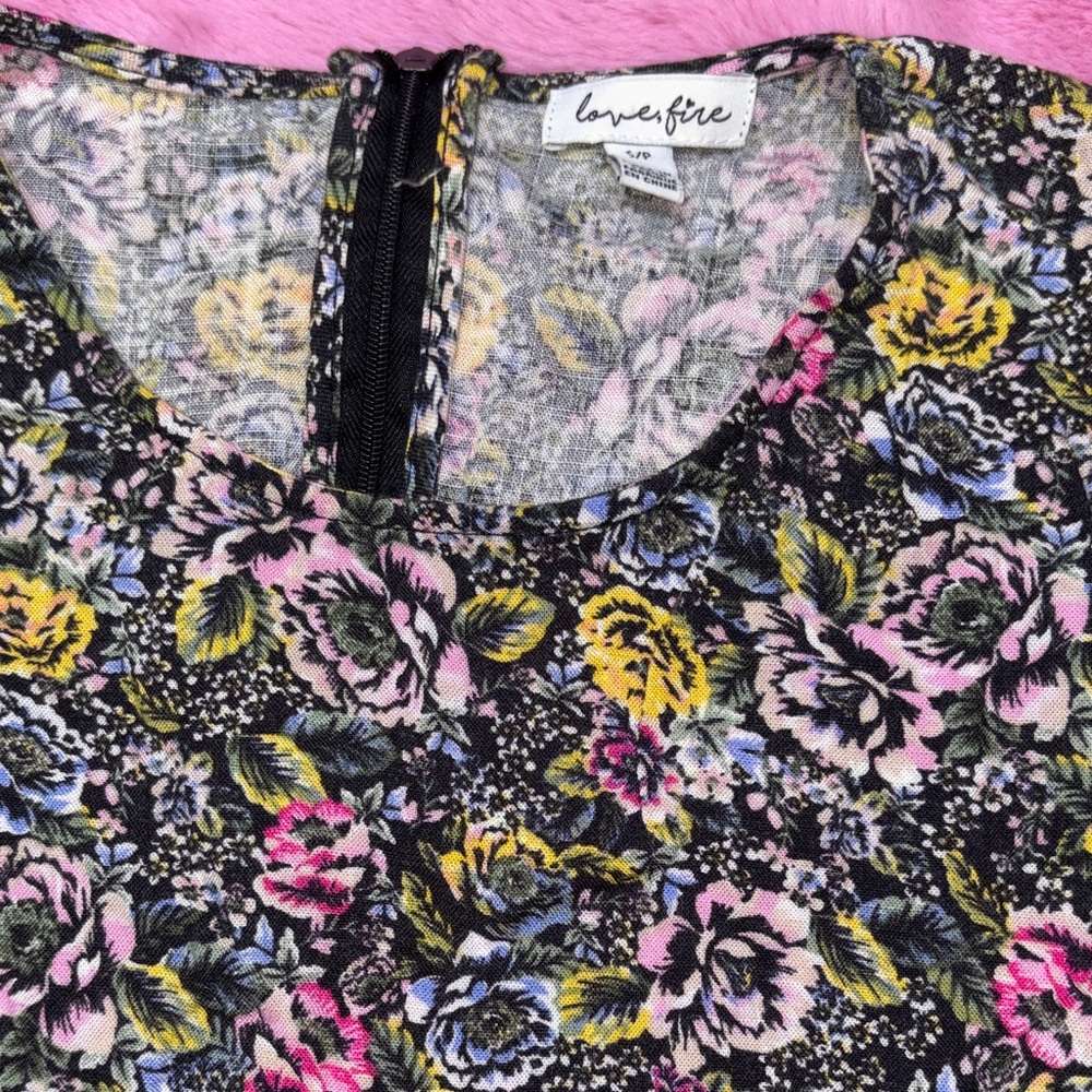 love, Fire Yellow, Pink, and Blue Floral Print Short Sleeve Mini Dress - Picture 2 of 6